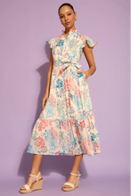 Load image into Gallery viewer, London Times Ruffle Neck Flutter Sleeve Coral Print Maxi