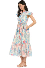 Load image into Gallery viewer, London Times Ruffle Neck Flutter Sleeve Coral Print Maxi
