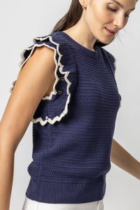 Lilla P Mixed Stitch Tipped Sleeve Crewneck Sweater