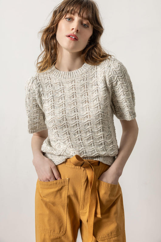 Lilla P Flecked Slub Short Sleeve Crewneck Sweater