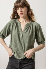 Load image into Gallery viewer, Lilla P Loose Knit Slub Shirred Split Neck Tee
