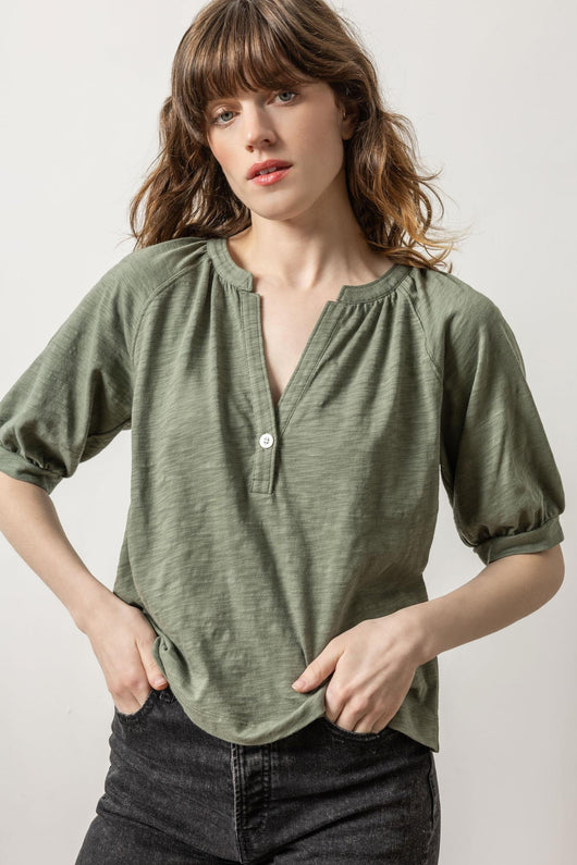 Lilla P Loose Knit Slub Shirred Split Neck Tee