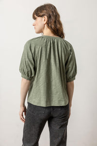 Lilla P Loose Knit Slub Shirred Split Neck Tee