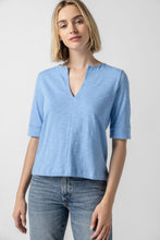 Load image into Gallery viewer, Lilla P Loose Knit Slub Cuffed Sleeve Split Neck Tee
