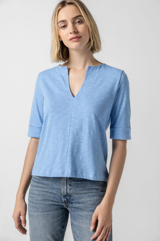 Lilla P Loose Knit Slub Cuffed Sleeve Split Neck Tee