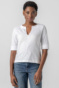 Lilla P Loose Knit Slub Cuffed Sleeve Split Neck Tee