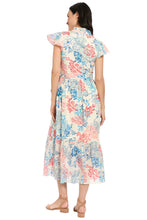 Load image into Gallery viewer, London Times Ruffle Neck Flutter Sleeve Coral Print Maxi
