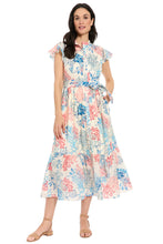 Load image into Gallery viewer, London Times Ruffle Neck Flutter Sleeve Coral Print Maxi
