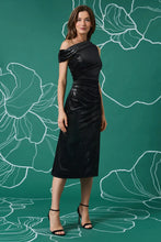 Load image into Gallery viewer, Maggy London Foiled Velvet One Shoulder Midi Dress
