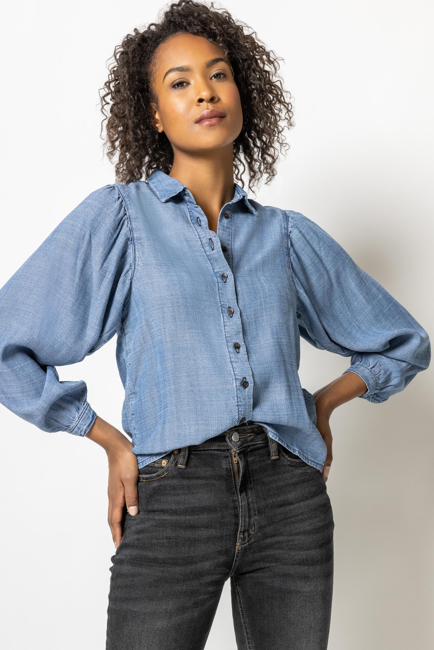 Lilla P Chambray Shirred Sleeve Buttondown