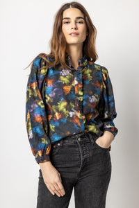 Lilla P Printed Full Sleeve Ruffle Front Top
